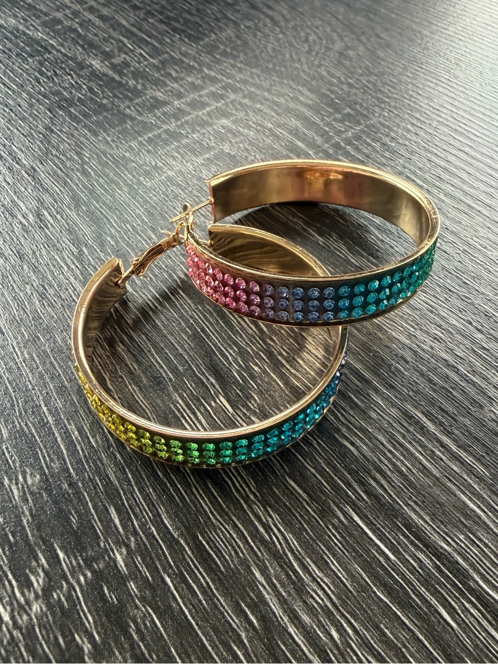 Colored Rhinestone Hoop Earrings- Gold Tone-NWT